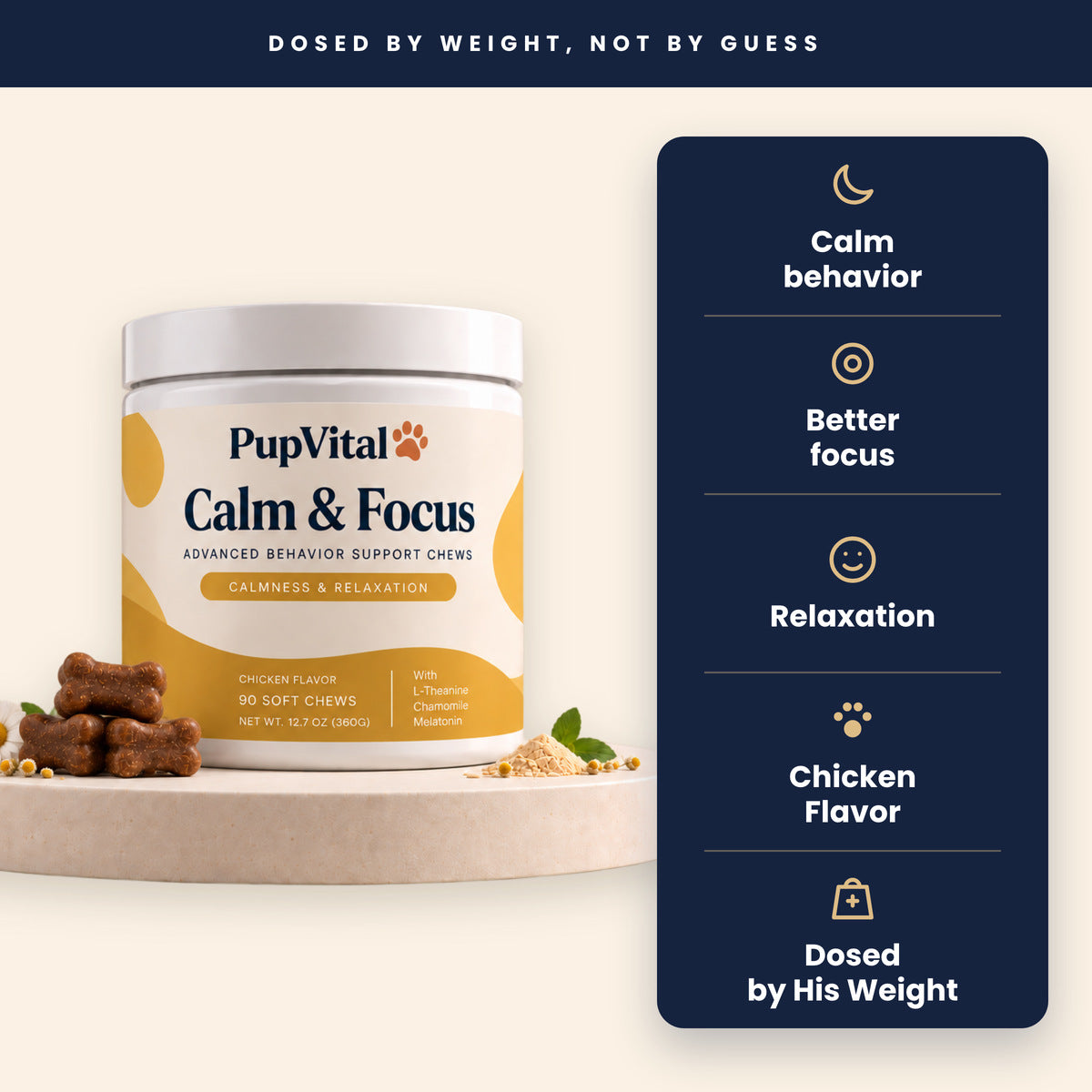 PupVital Calm & Focus: calm behavior, better focus, relaxation, chicken flavor, dosed by his weight