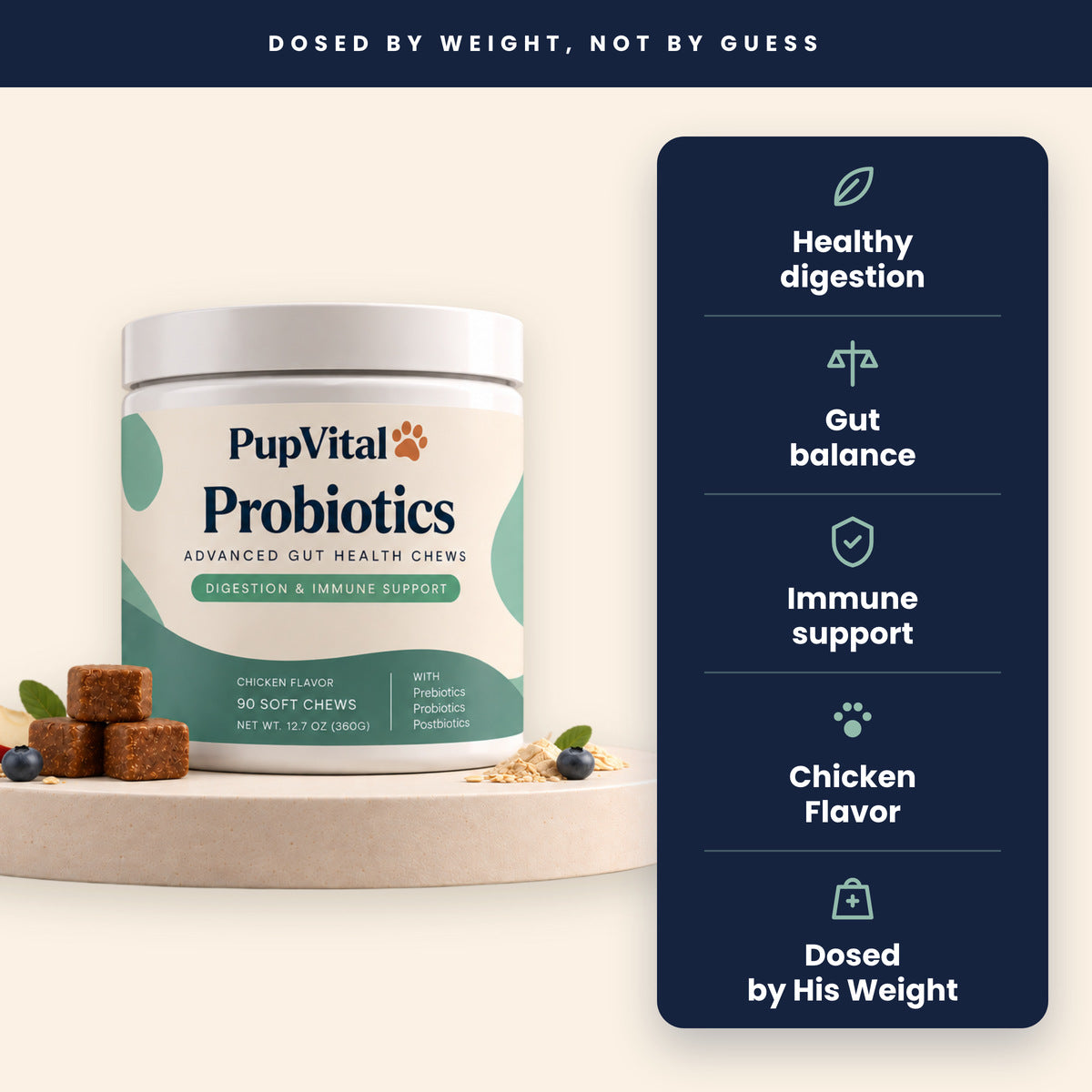 PupVital Probiotics: healthy digestion, gut balance, immune support, chicken flavor, dosed by his weight