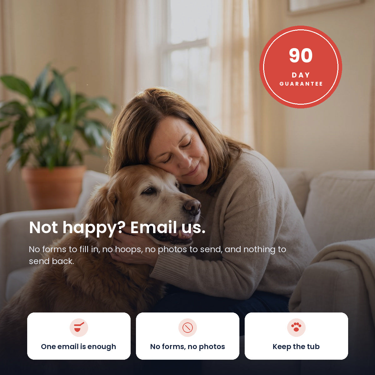 90-day guarantee: not happy? Email us. No forms, no photos, nothing to send back