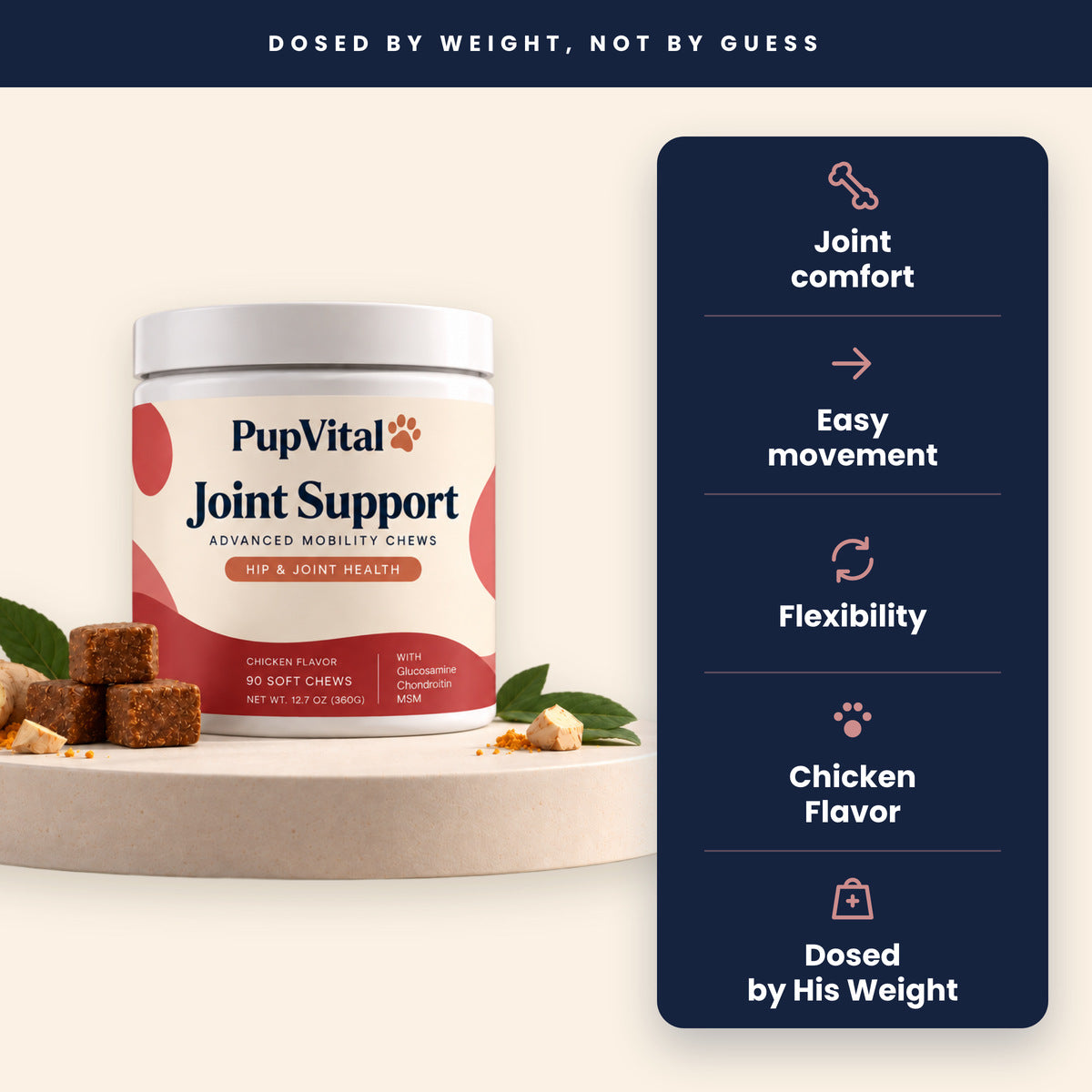 PupVital Joint Support: joint comfort, easy movement, flexibility, chicken flavor, dosed by his weight