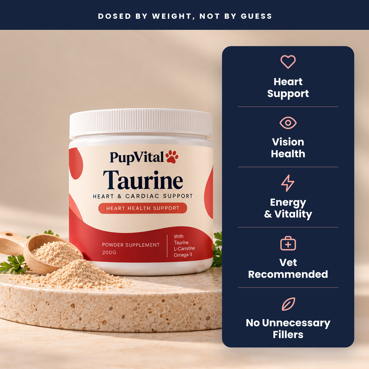 PupVital Taurine heart and cardiac support powder for dogs, 200 g tub on a stone pedestal with a scoop of powder: heart support, vision health, energy and vitality, vet recommended, no unnecessary fillers
